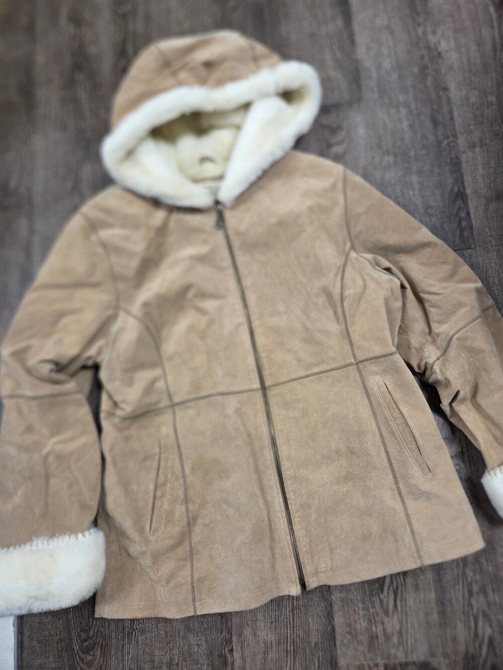NEW YORK CLASSICS Tan Plush Lined Hood Genuine Suede Leather Coat Jacket Large